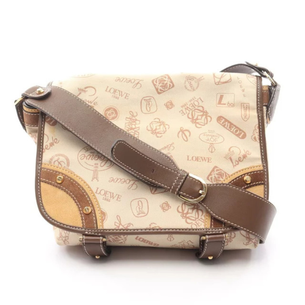 Loewe ANIVERSARIO Shoulder Bag Canvas Suede Leather Ivory White Brown